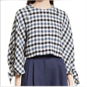 Tibi Fairfax Gingham Tie Sleeve Cropped Sweater